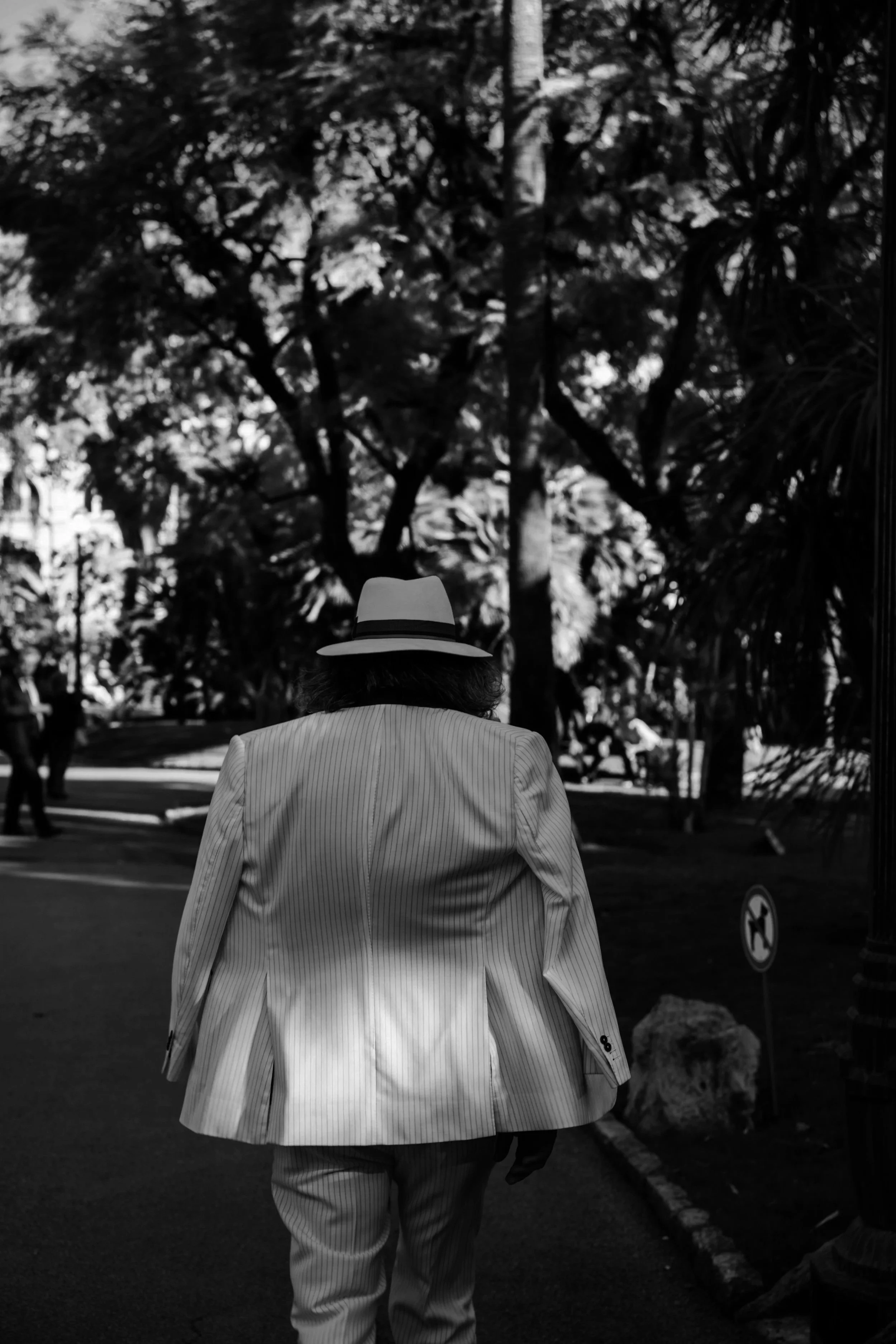 Una persona indossa un completo a righe e un cappello, cammina in un parco circondato da alberi.