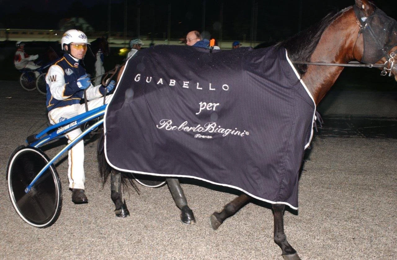 Ippocampiere con casco e indumenti da corsa su un carro trainato da un cavallo, con un panno nero che copre il cavallo e riporta il testo "Guabelle per Roberto Biagini".