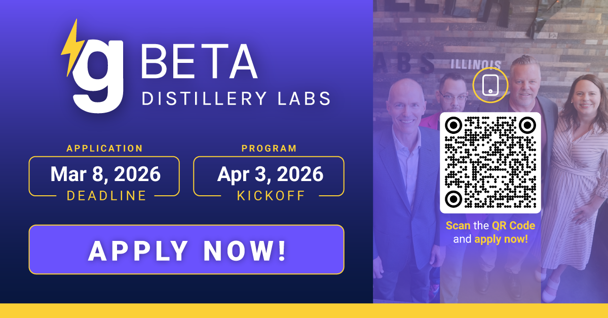 A feature banner inviting applicants to the gBETA Distillery Labs 2026 Cohort. Text on the left indicates the deadline to apply is March 8, 2026 and the program kickoff is April 3, 2026. On the right there is an image featuring three handsome men.