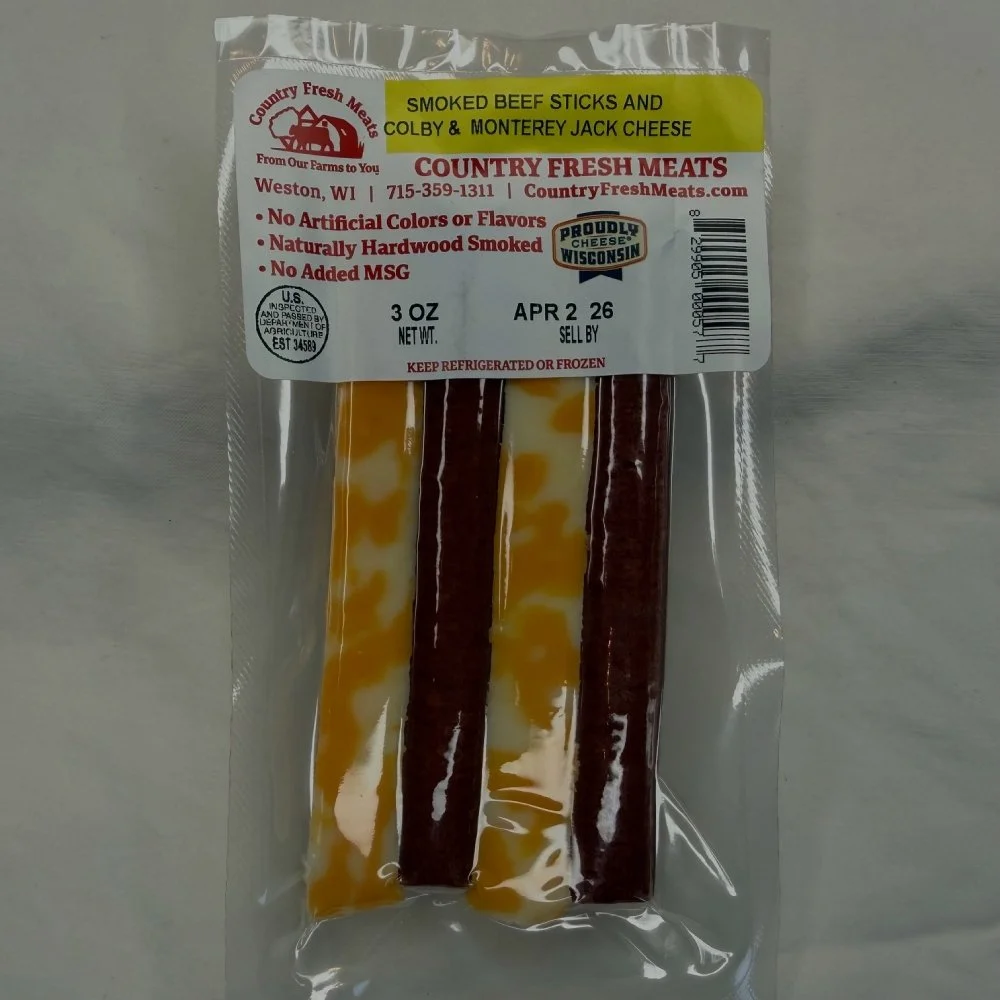 COUNTRY FRESH MEATS SMOKED BEEF STICKS AND COLBY & MONTEREY JACK CHEESE 3OZ