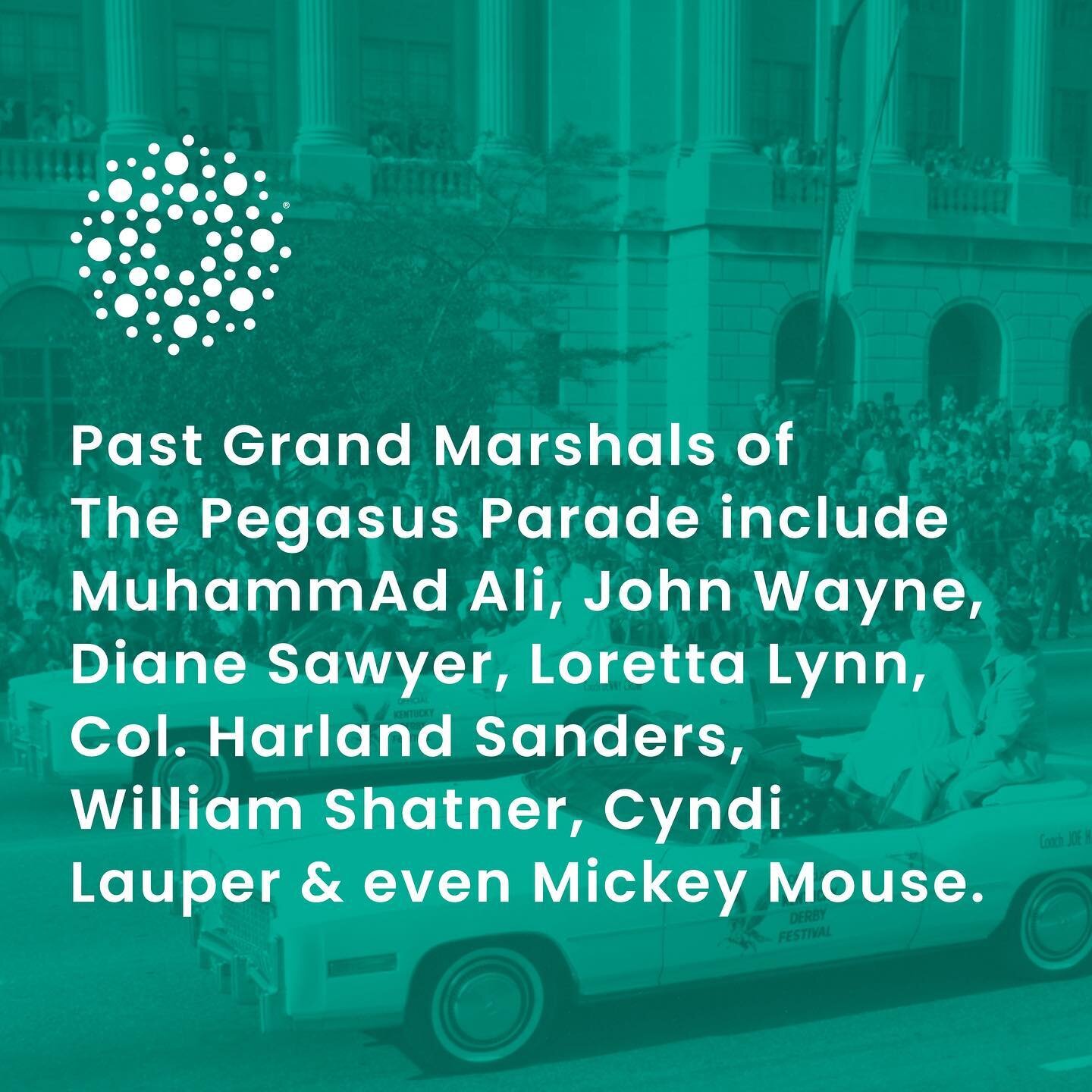 The Pegasus Parade was the first event to usher in what eventually became The Kentucky Derby Festival. ⁣
⁣
Here are just a few of our favorite past Grand Marshals of the parade. The entire list is pretty wild if you have time to check it out while en