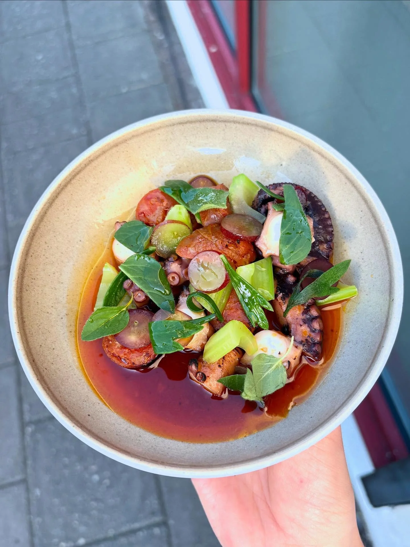 Cornish octopus (!) coming to all eatery menus nationwide. 

Ours: gently poached and marinated, torched to order with chorizo, grapes, celery and sea fennel.  Can never pick one photo so three it is. Why have one leg when you can have eight?