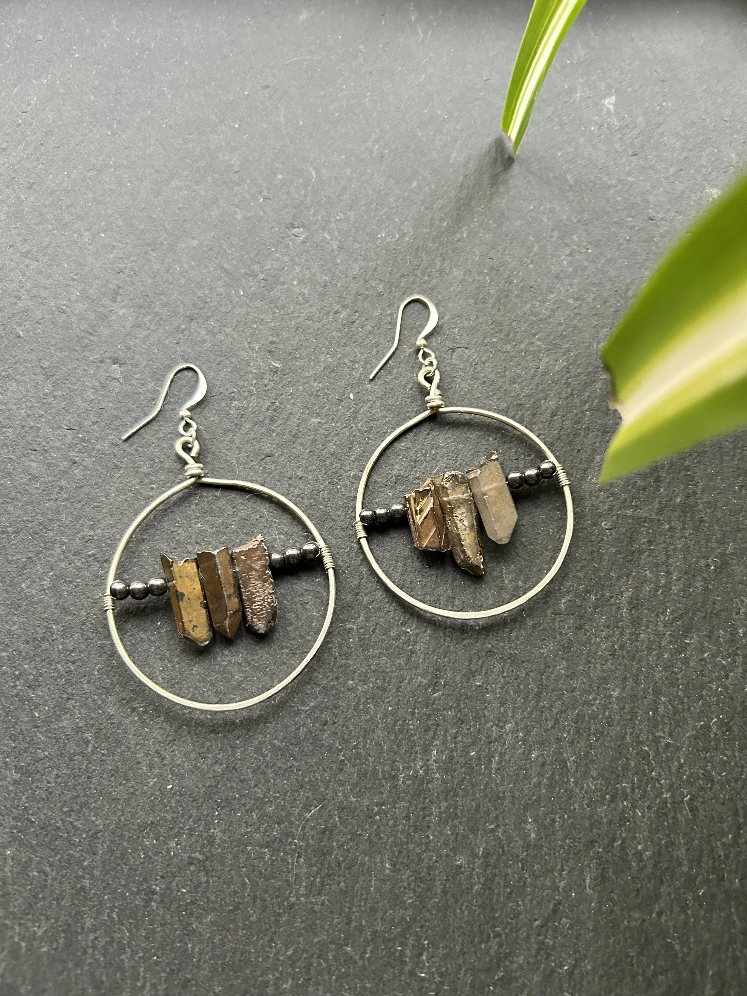 Radiant Hematite & Smoky Aura Quartz Hoops