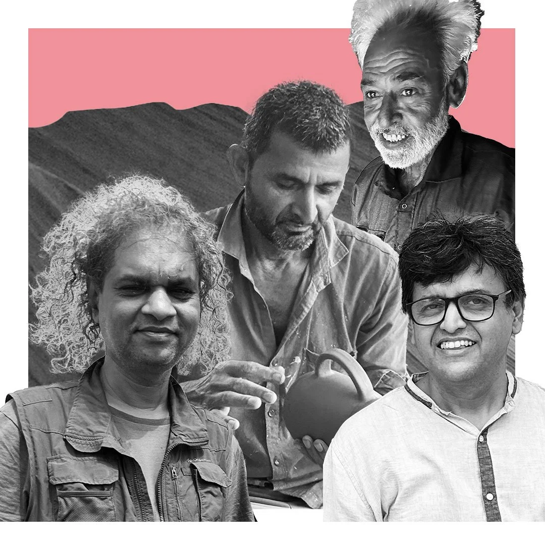 LOTA ISMAILBHAI HUSEN, KUMBHAR ALIMAMAD DHAVAD, SANTOSH AND RAKHI WAREKAR WITH CURATORS RAJU SUTAR, RAJESH KULKARNI AND CREATIVE DIGNITY