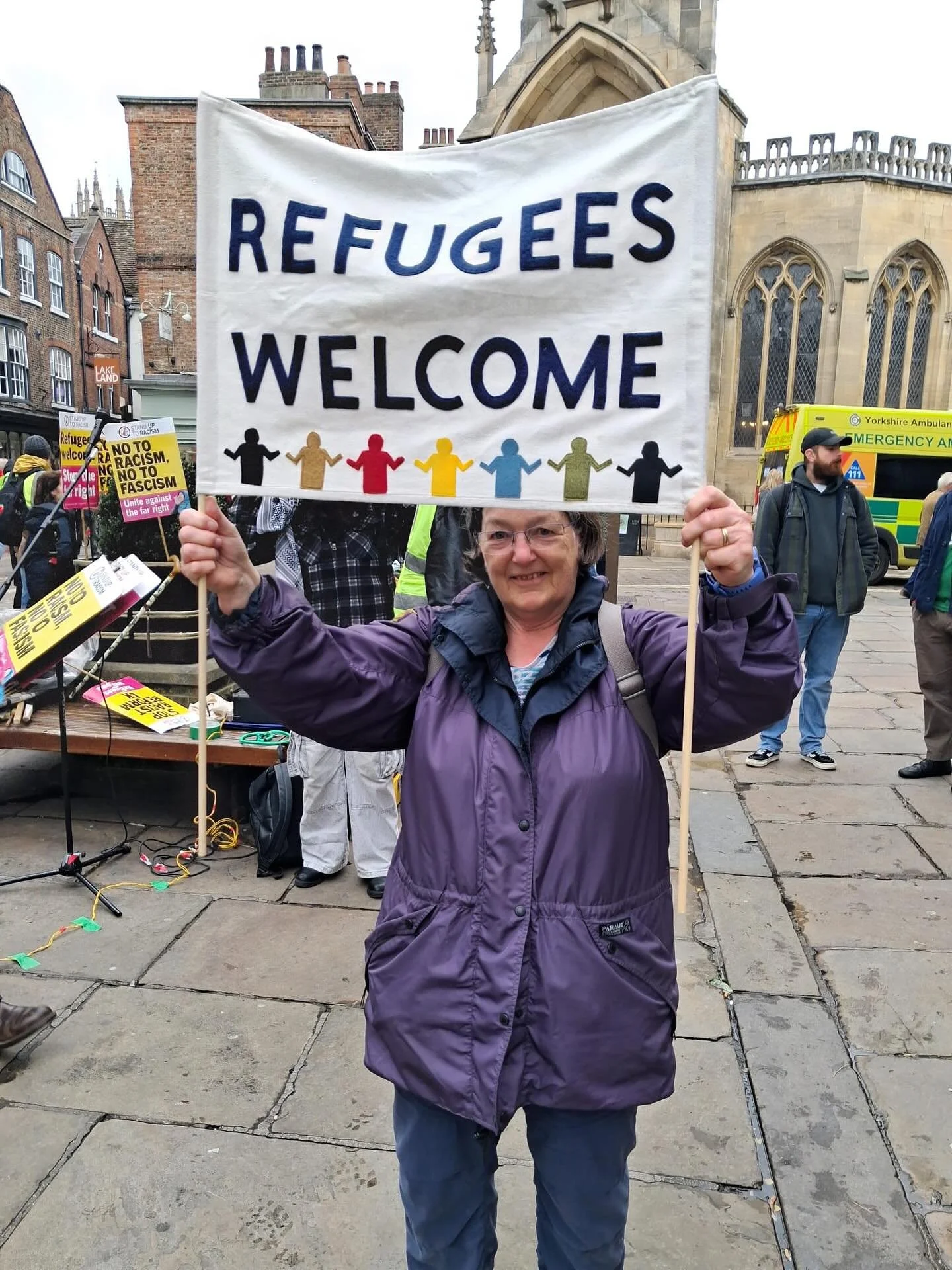 First banner made and displayed at today&rsquo;s York Unity Rally against racism and to show our support for refugees from n the City of Sanctuary. 
Great speakers, including @rachael_maskell , thoughtful as always. 
This is the first in what will be
