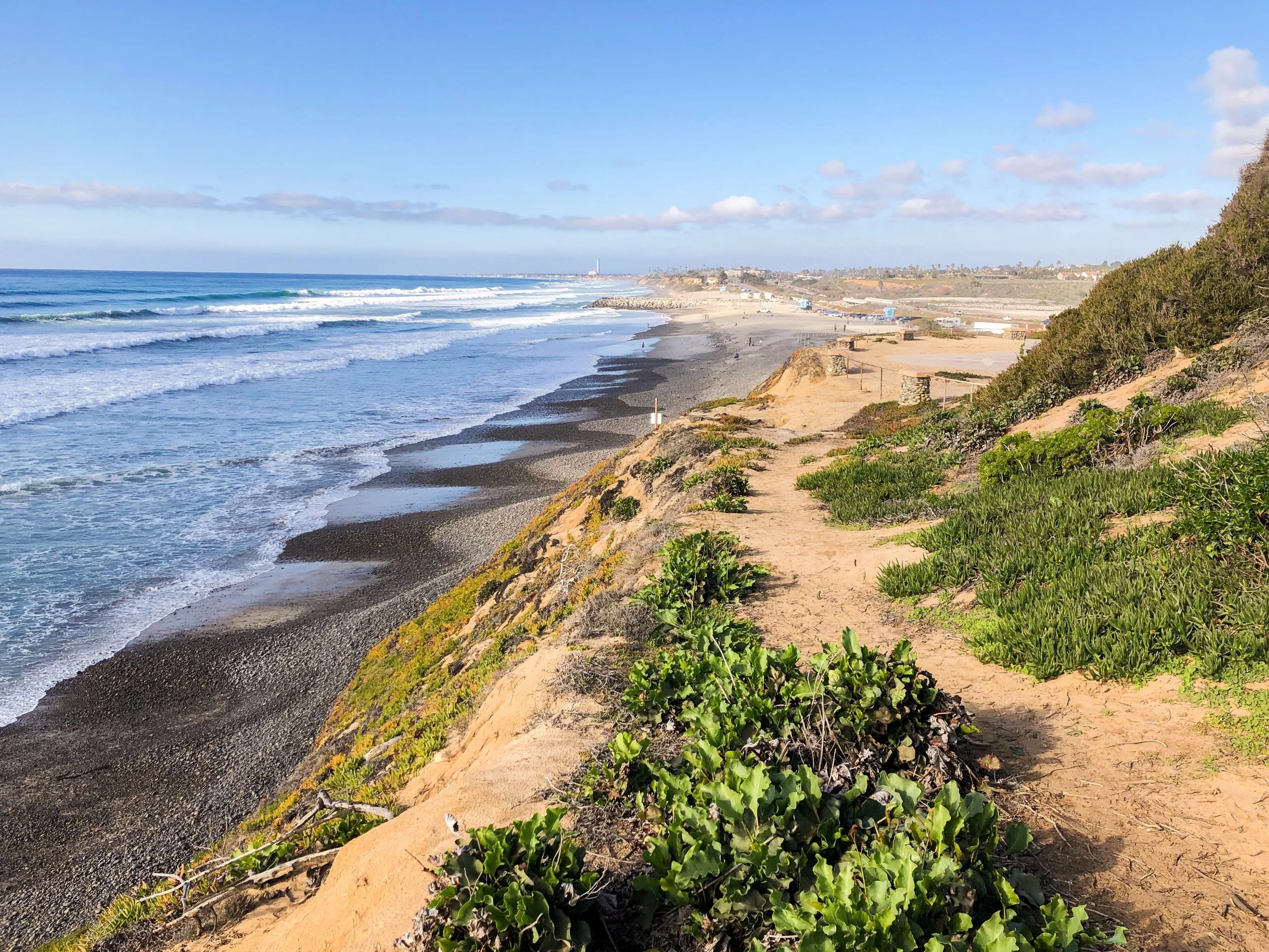 Bluff top trail above the Carlsbad coastline with waves rolling onto a pebble beach and green coastal plants along the path.