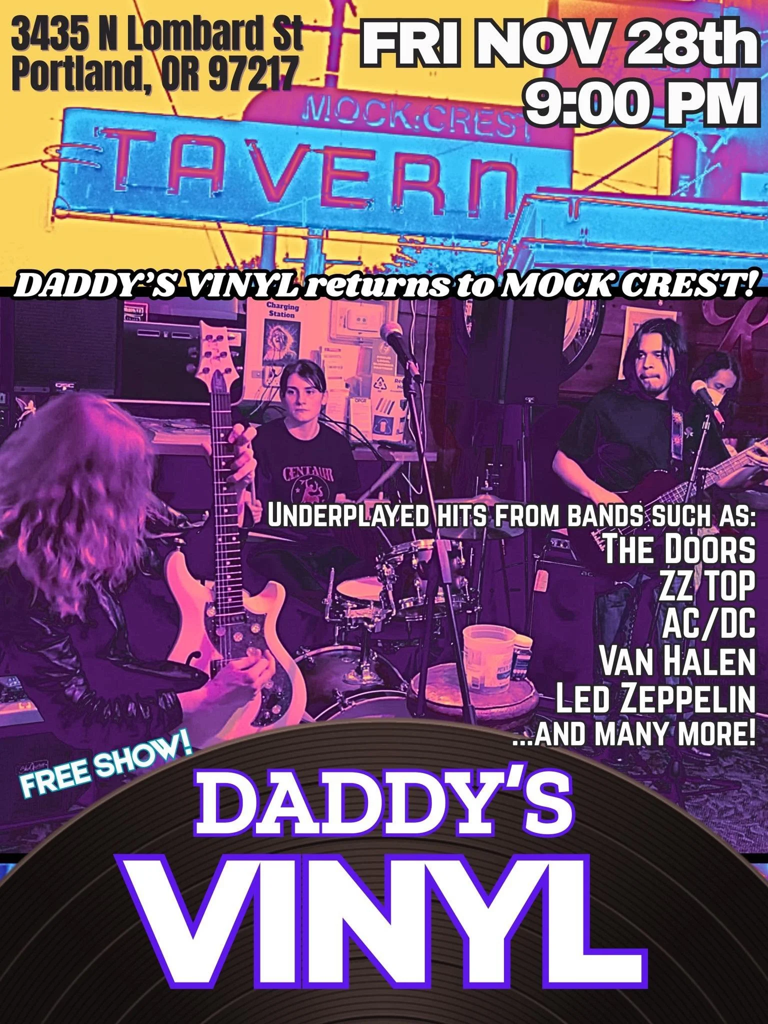 Got post-thanksgiving plans this Friday? You&rsquo;re invited to Daddy&rsquo;s Vinyl&rsquo;s after party at Mock Crest Tavern! We&rsquo;ve got a huge set of a variety of underplayed classic rock hits for you starting at 9PM, for no cover charge! Join