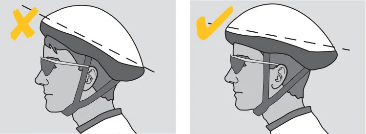 To be effective, the bicycle helmet must fit correctly and be word properly. When in doubt, check with a bike shop for the proper adjustment of your approved cycling helmet.