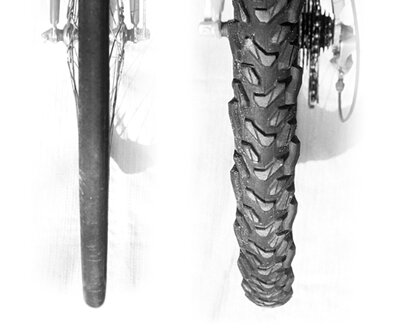 Narrow tires (left) inflated to higher pressure provide less rolling resistance, and therefore easier pedalling, on hard surfaces. Fatter tires with treads (right) provide more comfort and better traction, especially when riding off-road. Ask your bike shop what type of tire would be best suited to your riding needs.