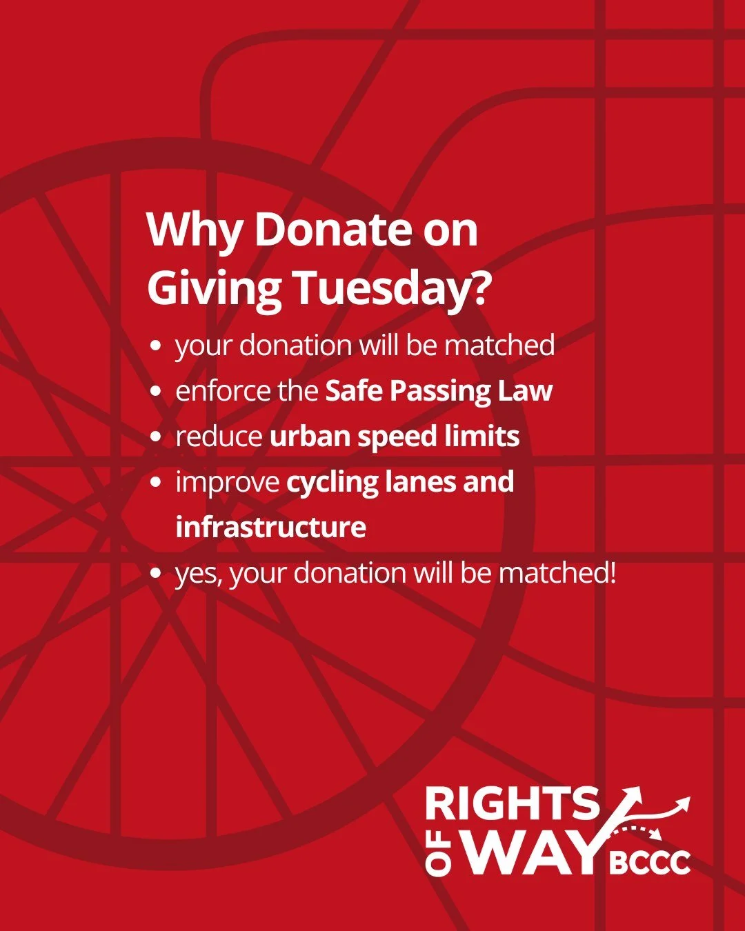 Did we mention that up until midnight tomorrow, all donations will be MATCHED? 

We have big plans for 2026 and we need your support. Together, we can make B.C. a safer place to ride, walk, and roll, car-free. 🚴🏻&zwj;♂️ 🚶🏽&zwj;♂️🛴

The time to g