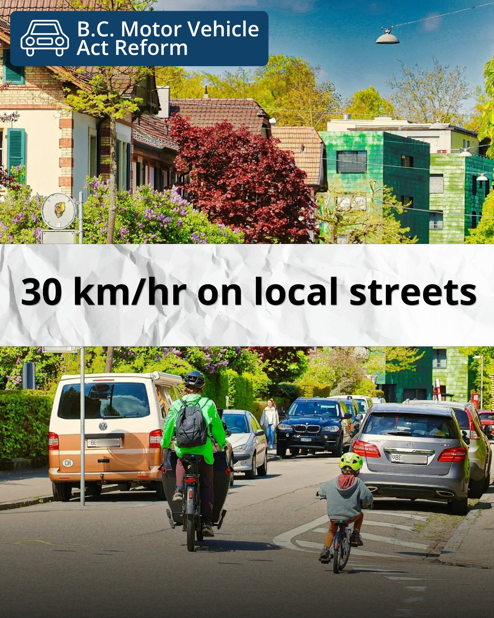 Your street should be safe by default, not by exception. 🚗 🚴

One of our top asks for B.C.'s Motor Vehicle Act review: a blanket 30 km/h speed limit on all local streets (AKA: those without a center line). 

No special designation required. Just sl