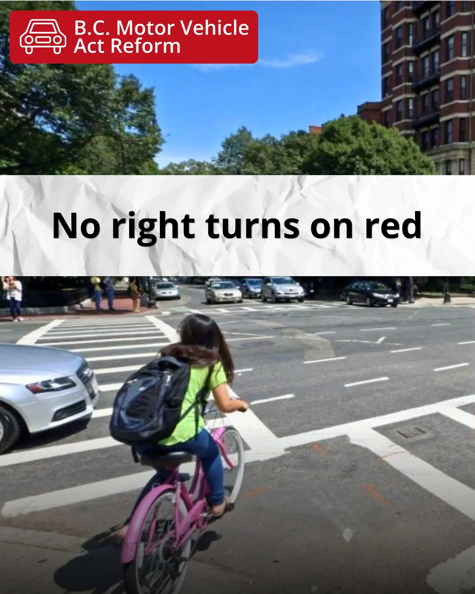 Right turns on red put people at risk. Every. Single. Day. 🚦

Drivers checking for oncoming traffic often don't see the pedestrian stepping off the curb or the cyclist in the bike lane. Prohibiting right turns on red is a simple change with a big sa