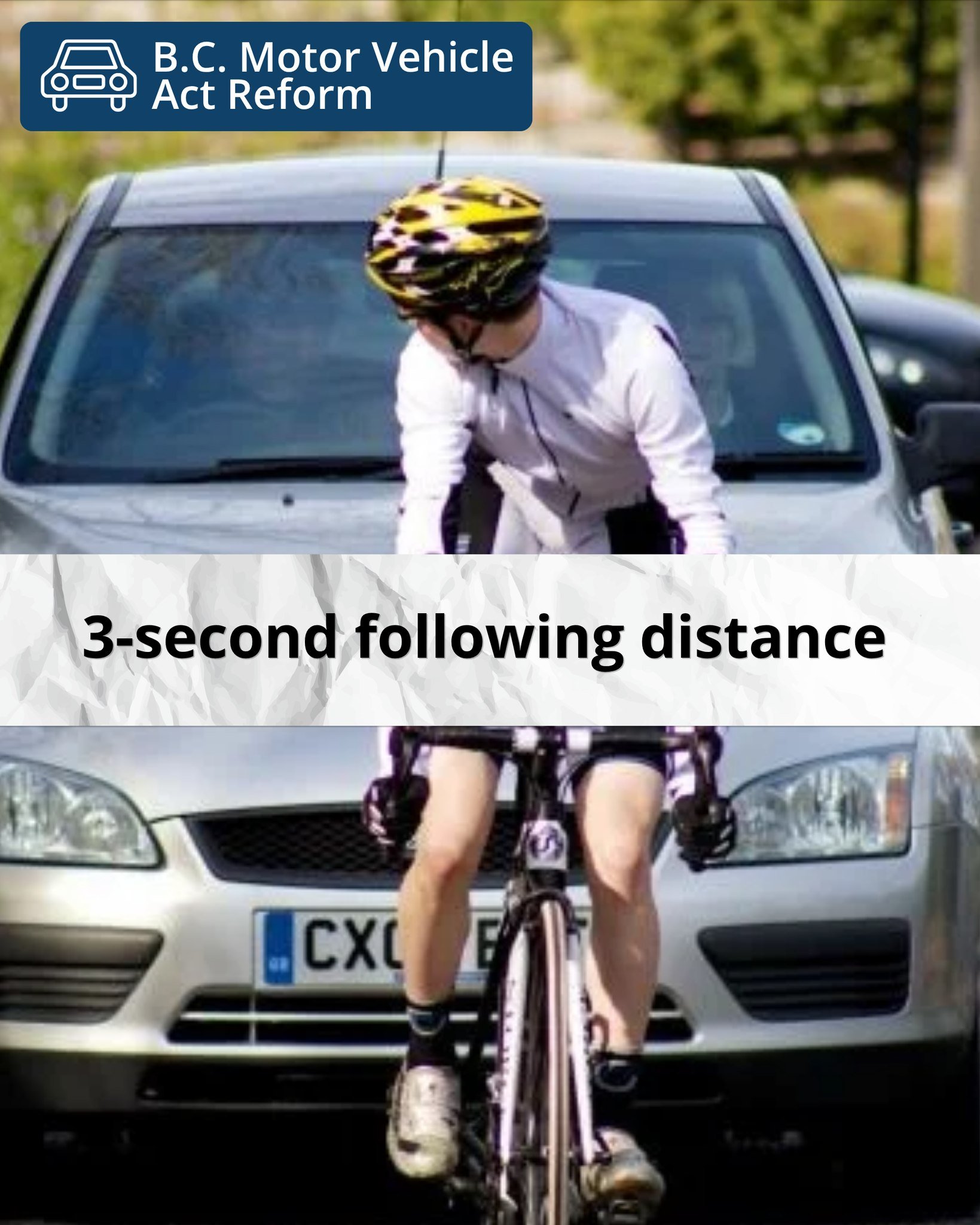 If you've ever been buzzed by a car while riding, you know just how wrong that feels.

We're asking B.C. to require a minimum 3-second following distance when drivers are behind a cyclist or other vulnerable road user. This is not just a recommendati