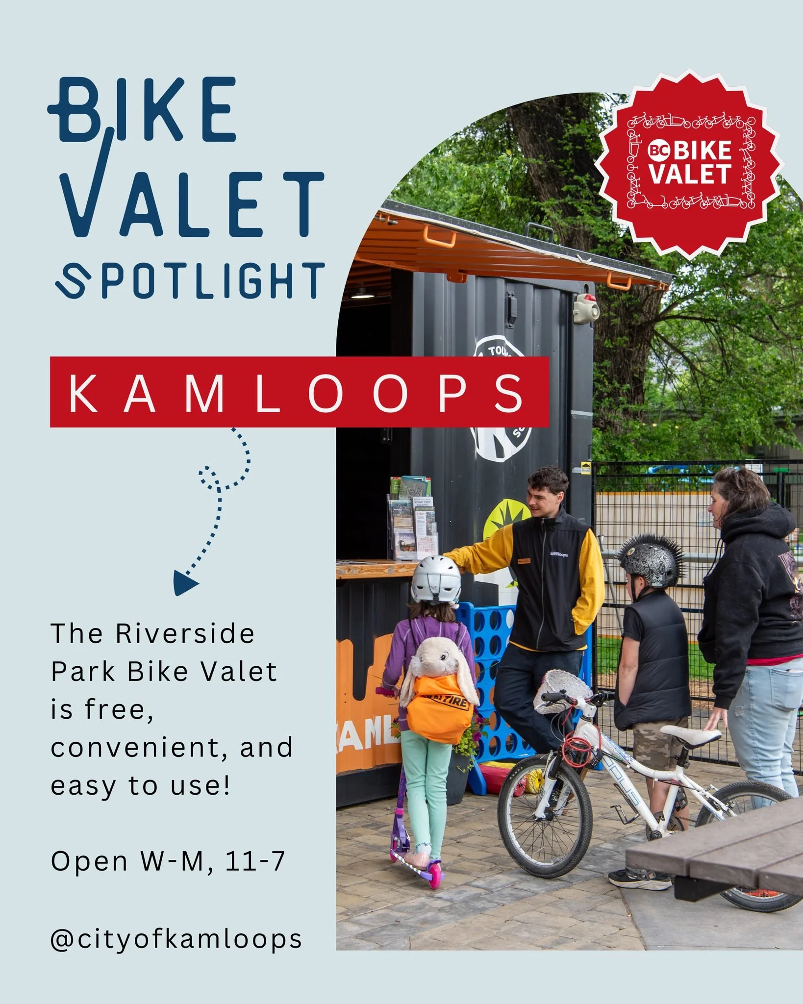 Attention Kamloops cyclists: Did you know you can enjoy FREE, secure bike parking at Riverside Park and the Saturday Farmers&rsquo; Market? Explore, relax, and enjoy Music in the Park, all without worrying about your bike.

Open Wednesday&ndash;Monda
