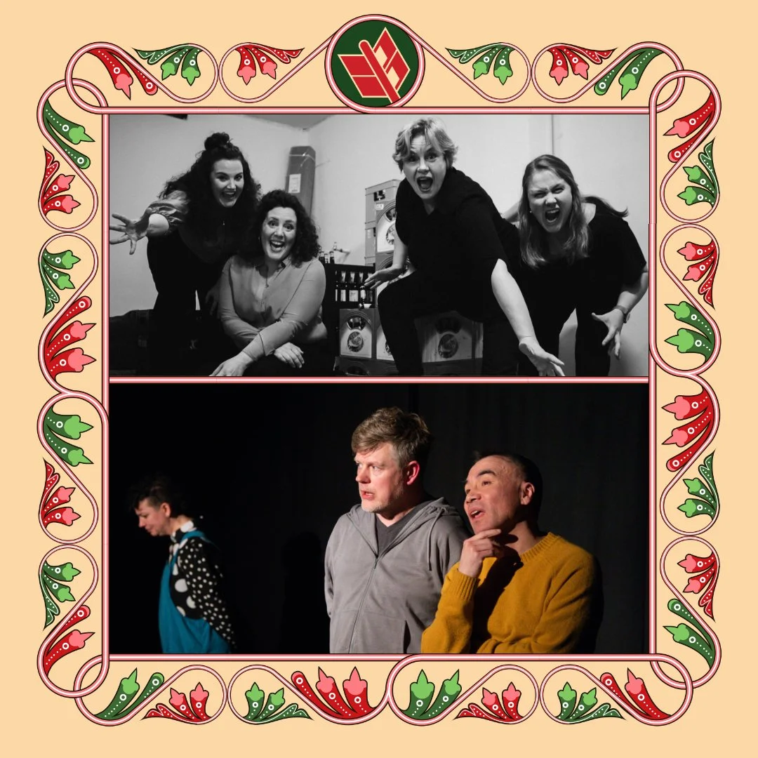 Two images in one frame. The upper image has eight faces in a circle with the words "Comediasians at the Robin Hood International Improv Festival 2025". The image below shows improvisers on stage at Robin Hood International Improv Festival.