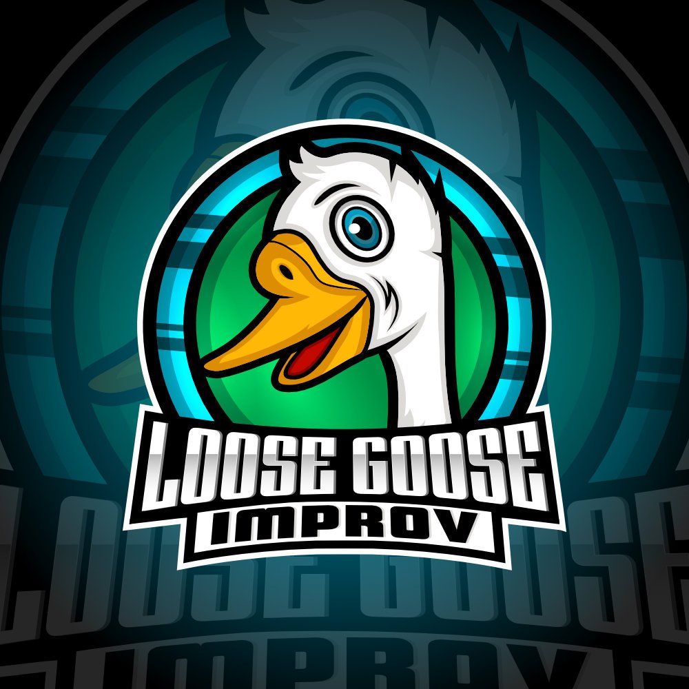 The logo for Loose Goose Improv featuring a the head of a goose wearing a santa hat