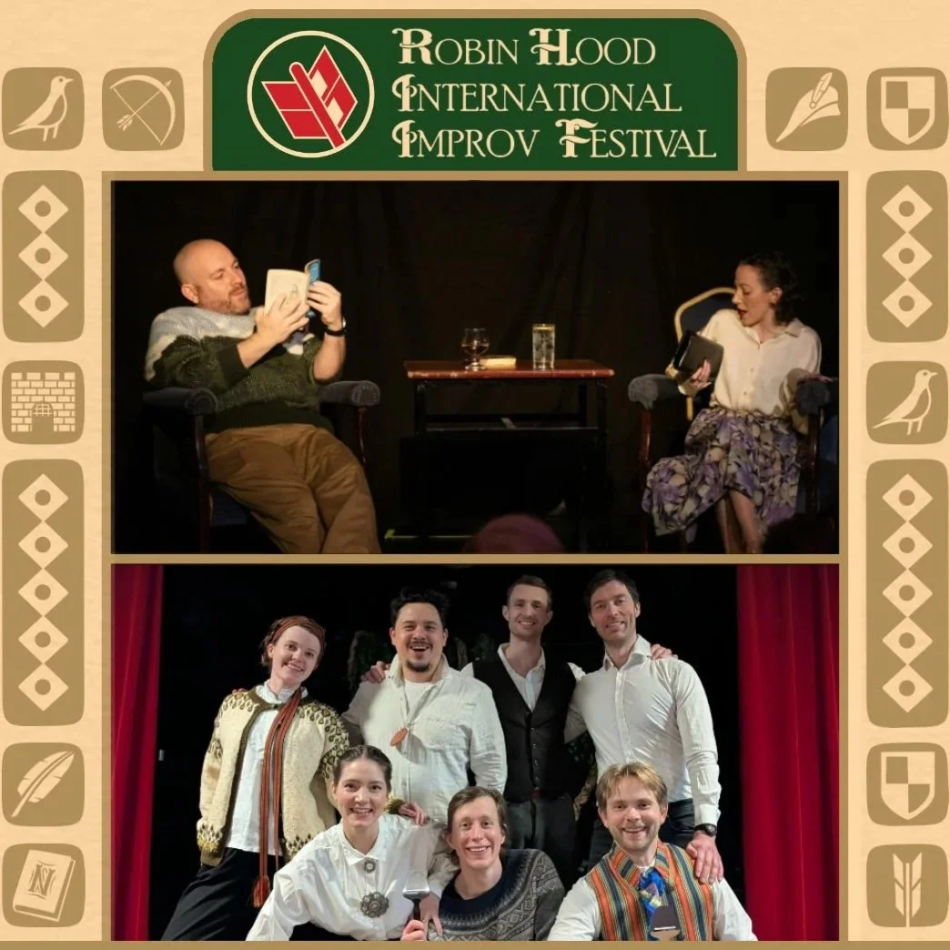 Two images in one frame. In the upper image, two improvisers sit at a table reading. The lower image is an ensemble pic of seven improvisers looking to camera