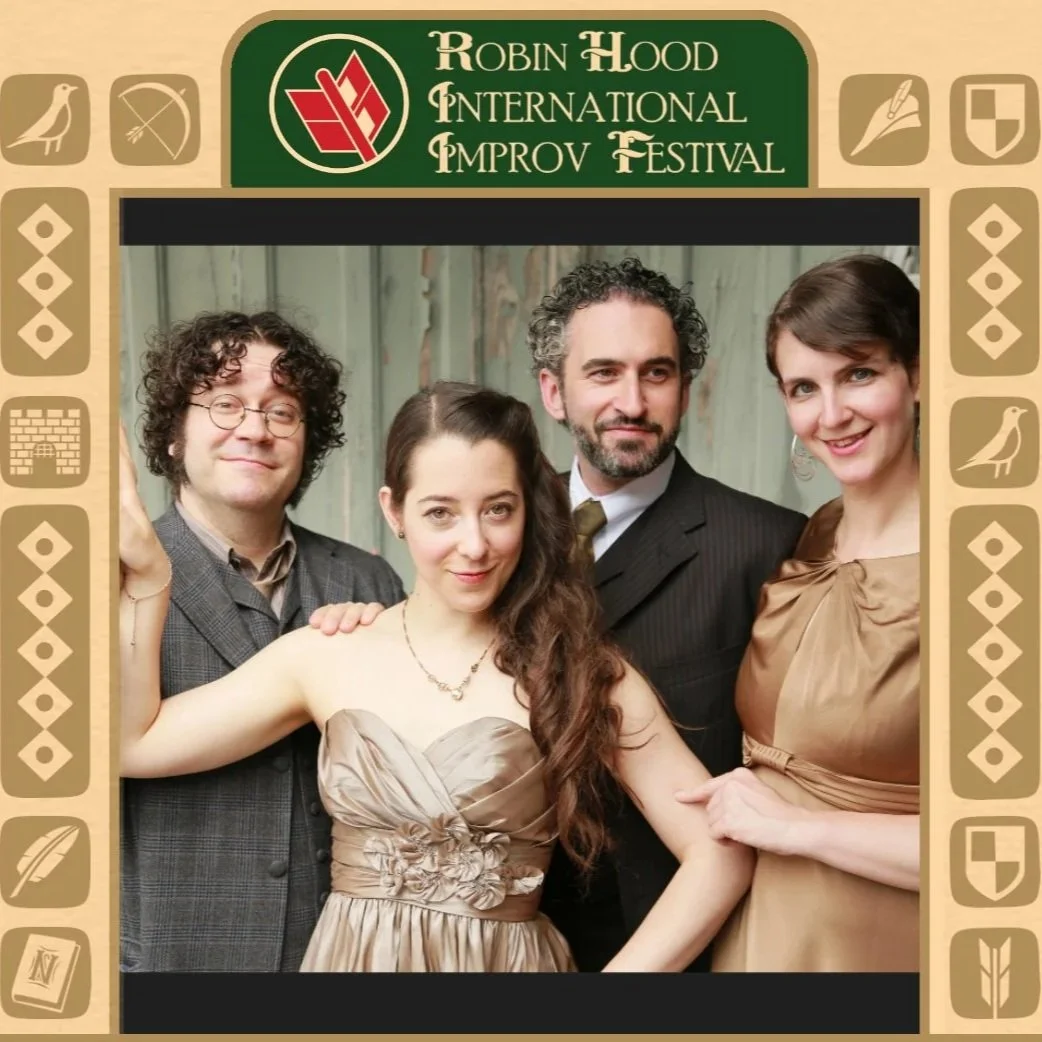 An image of four improvisers in formal dress. Two male presenting, and two female presenting