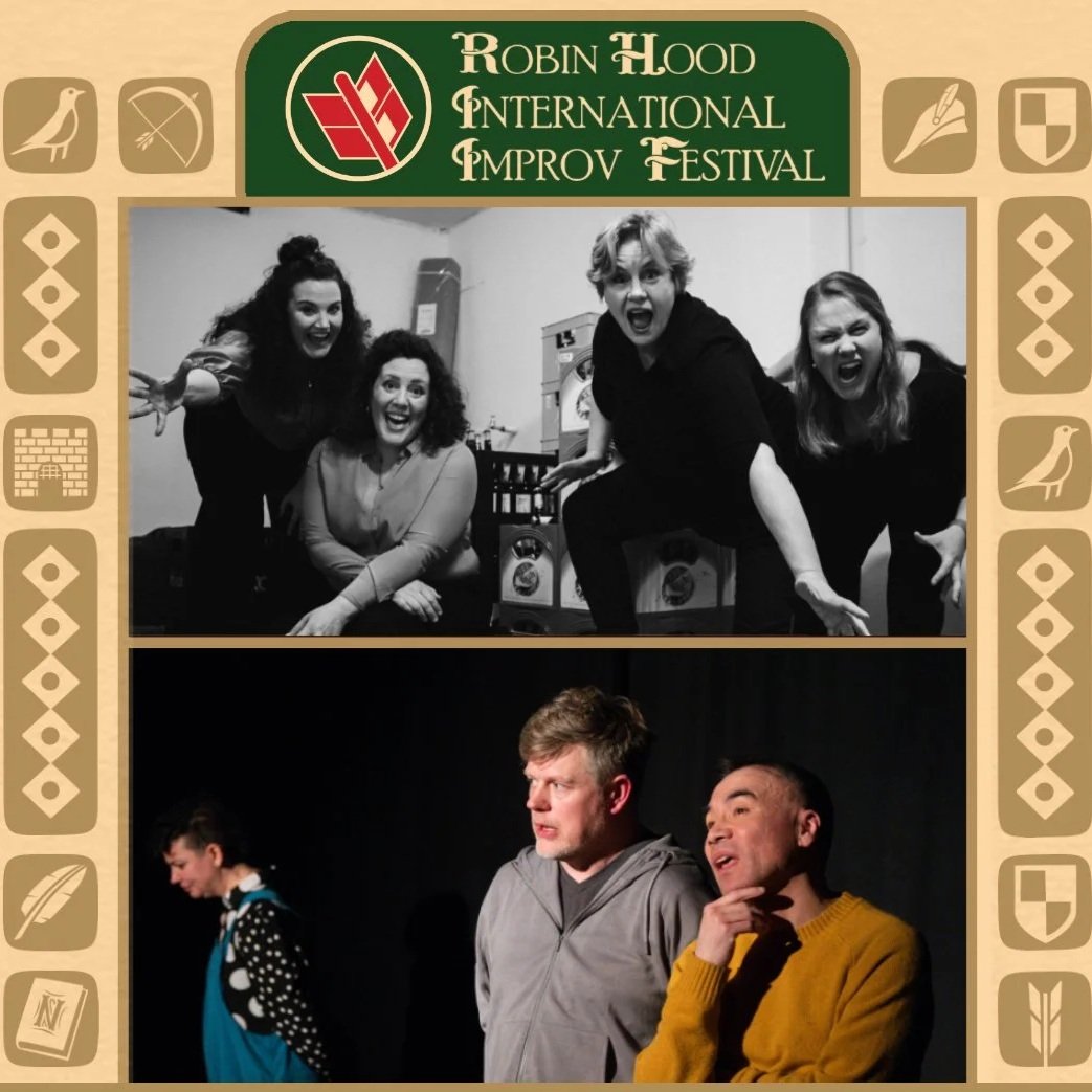 Two images in one frame. The upper image has four improvisers pictured in black and white, striking poses. The image below is in colour and shows one improviser in the distance on the left, while two improvisers in the foreground look ponderous.