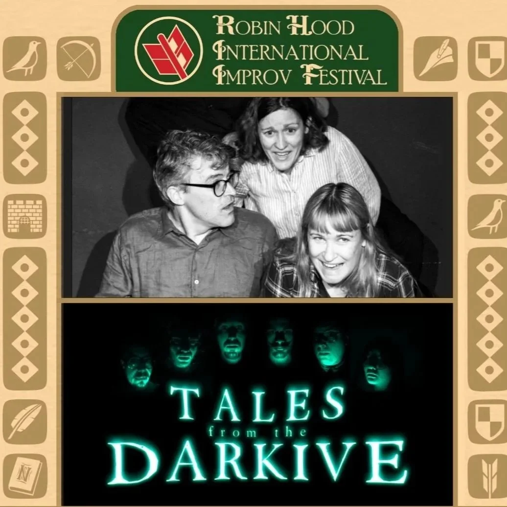 Three improvisers in black and white, above another image of improvisers in the dark, with just faces illuminated, and the words "Tales from the Darkive"