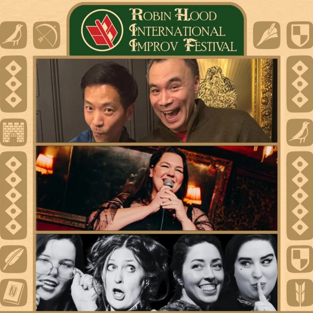 Three images on top of each other. Top: Two male improvisers make cheeky faces. Middle: A female improviser sings into a microphone. BOttom: A black and white pic of four female presenting improvisers 