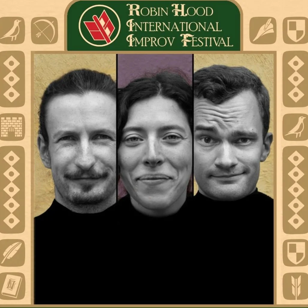 The image shows black and white headshots of three improvisers next to each other.