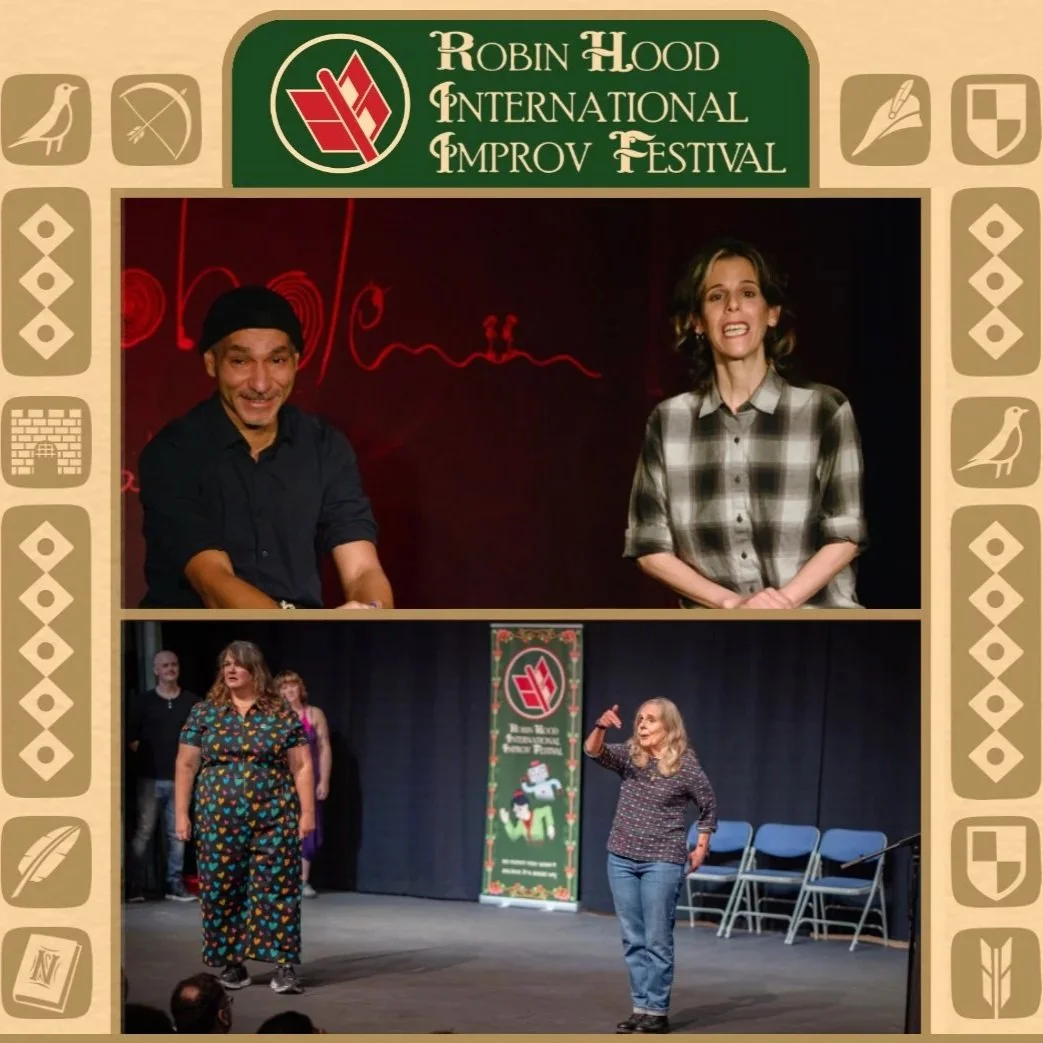Two images in one frame. The upper is of two improvisers on stage (one male, one female) with a red background. The image below is of two females, with the one on the right pointing.