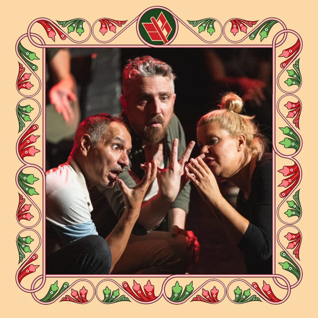 Two images in one frame. In the upper picture, there are four improvisers lying on the floor, looking towards the camera with their hands beneath their chins. In the image below, there are two improvisers in chairs, one sitting, one slumped