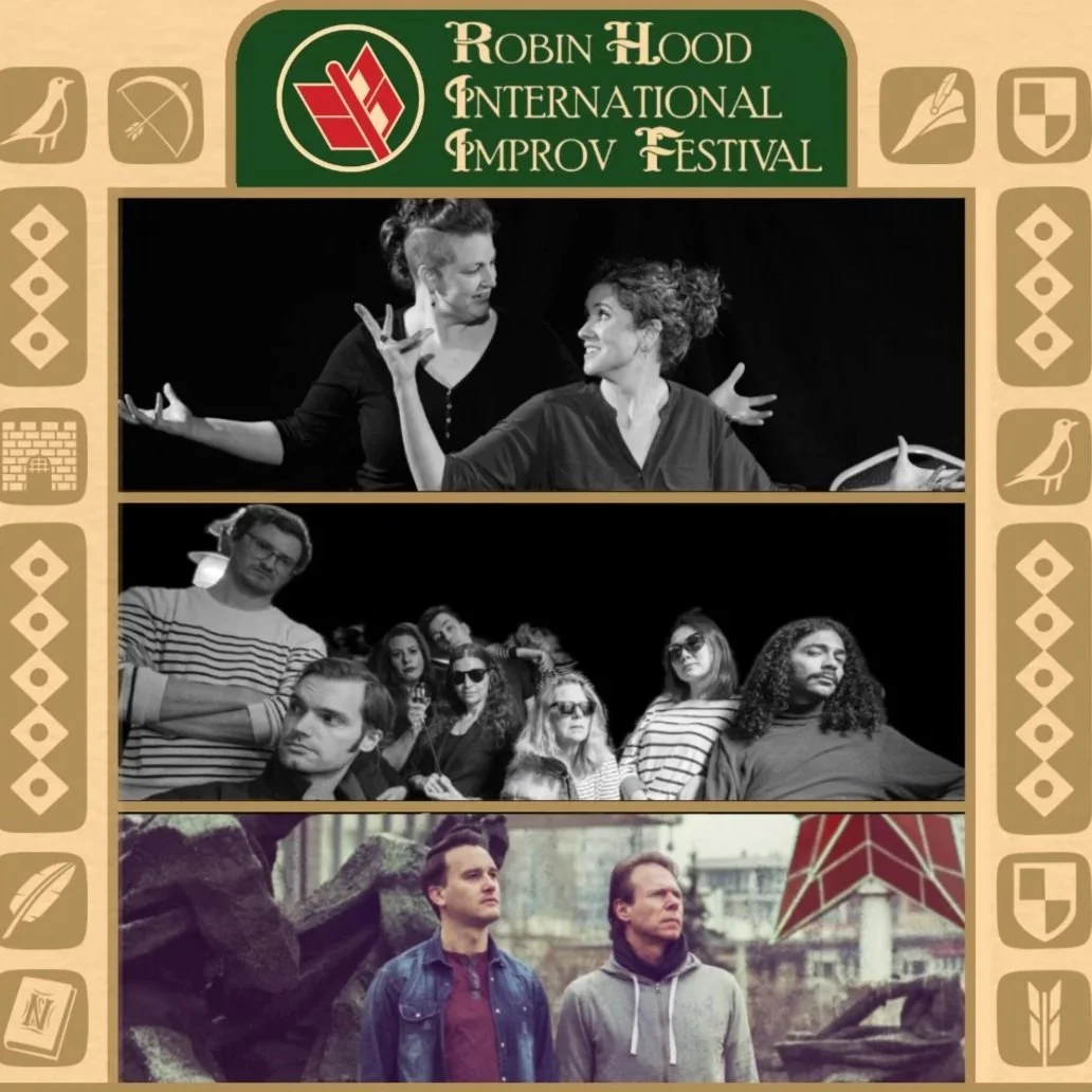 THree images in one frame. At the top, a black and white image of two female performers, in the middle a balck and white group shot of improvisers looking at the camera, and at the bottom a colour picture of two men looking towards the right