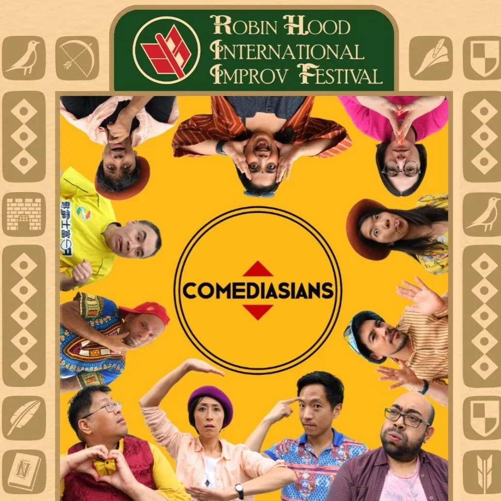 A picture of the cast of Comediasians around a round logo saying "Comediasians"