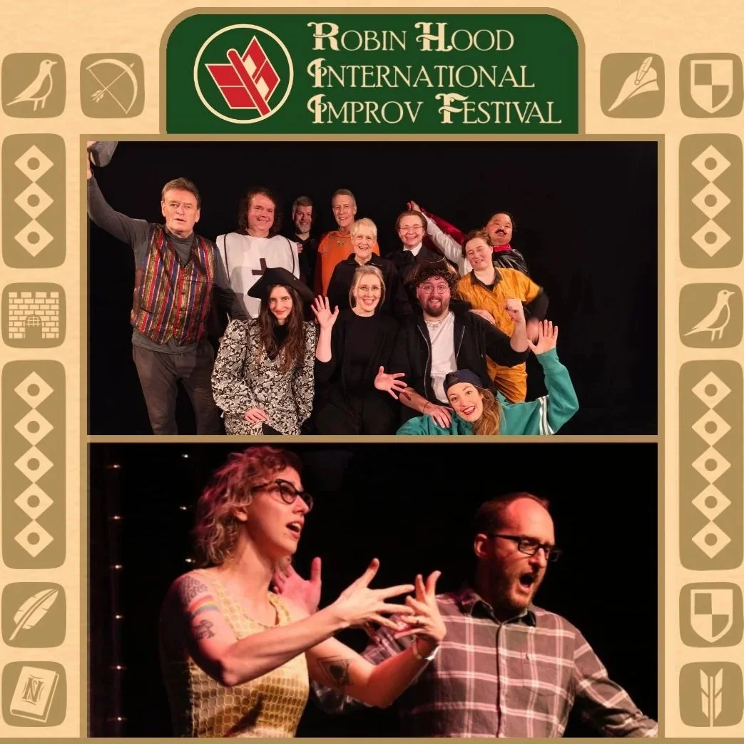 Two images in one frame. The upper image is of two improvisers on stage, sitting, touching each other's faces. The lower image shows a yellow alarm clock with the words "Holy Spot presents, Just Another Yesterday" in yellow on a green background