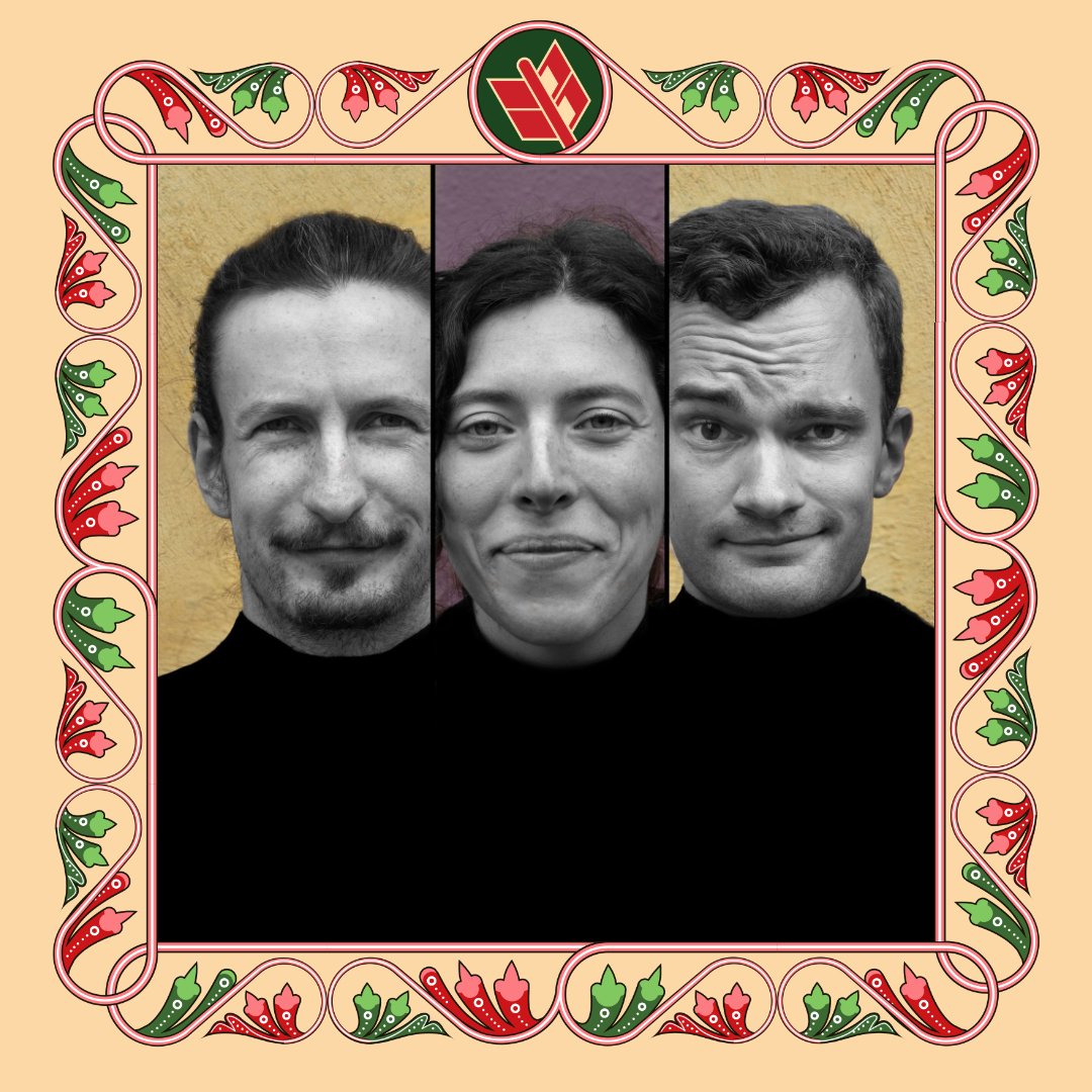 The image shows five improvisers - four standing and one seated with light coming in from stained glass windows behind them