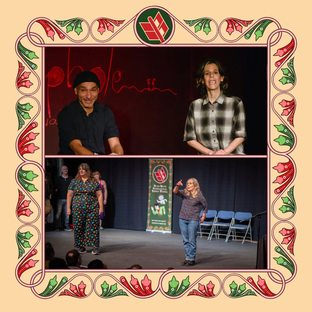 Two images in one frame. The upper is of two improvisers on stage with the words "Landry & Summers est 1986" between them. The other is of one improvisers looking at a blank figure with a question mark on it.