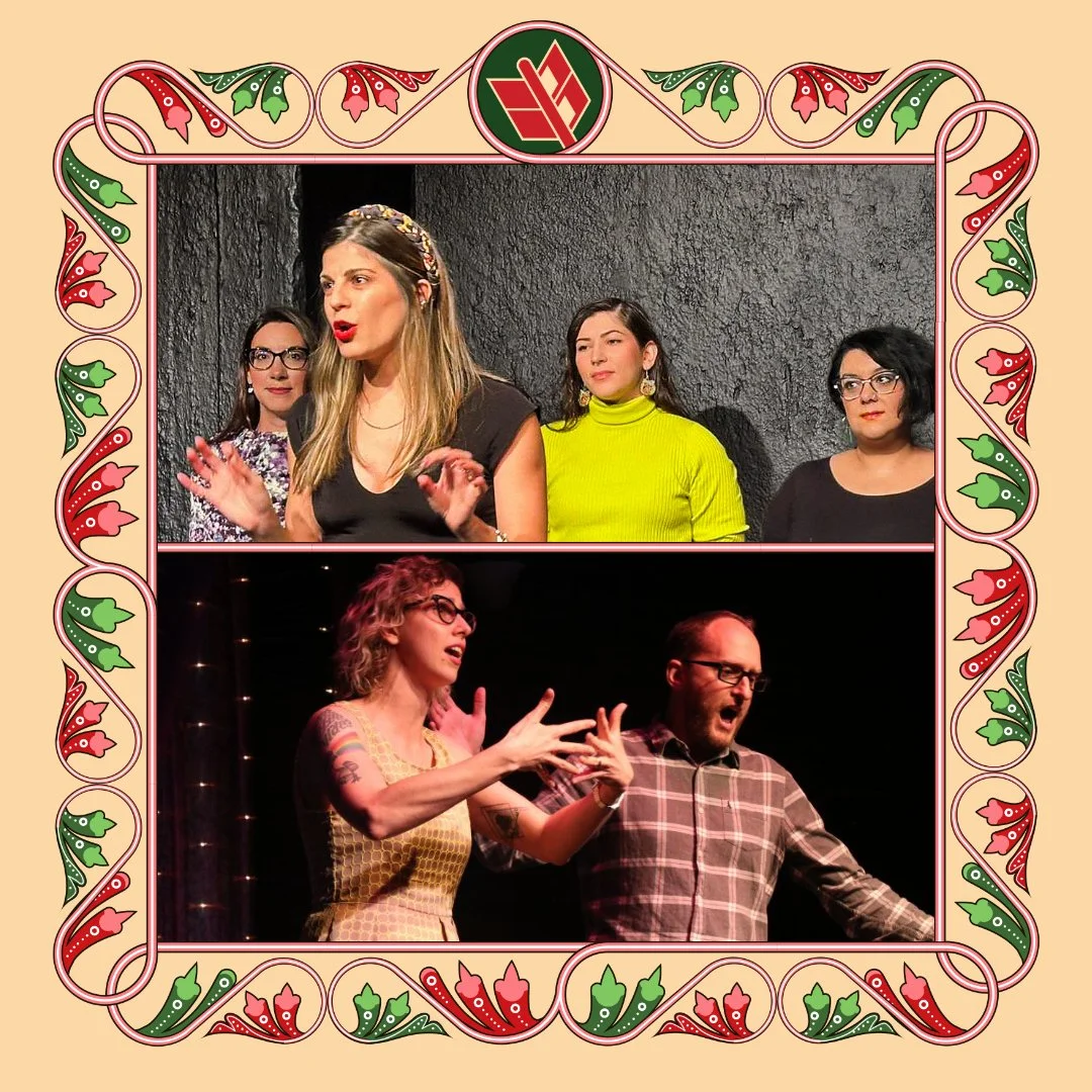 Two images in one frame. The upper image is of two improvisers on stage, sitting, touching each other's faces. The lower image shows a yellow alarm clock with the words "Holy Spot presents, Just Another Yesterday" in yellow on a green background