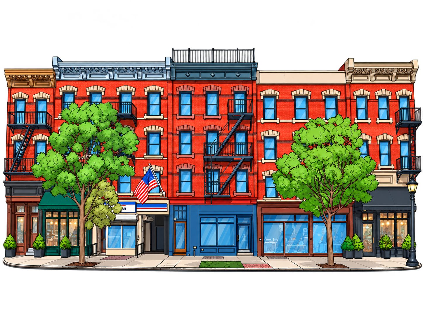 Vibrant Brownstone Streetscape with Trees.png