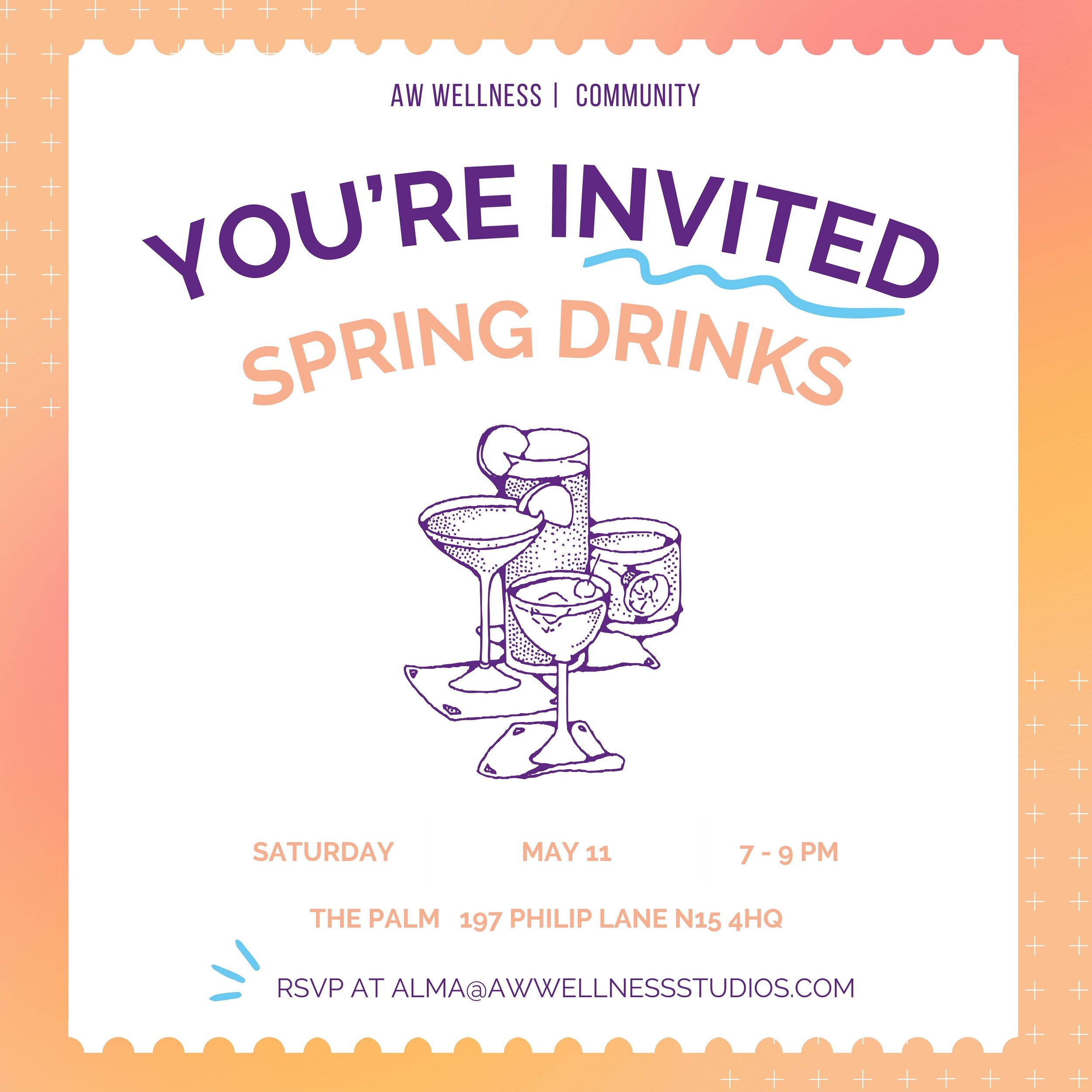 Join us for an evening of fun at The Palm in Tottenham on the 11th May at 7-9pm. 

An opportunity to unwind, connect, and share a toast with our awesome studio community.

Whether you&rsquo;re looking to make new friends, catch up with old ones, or s