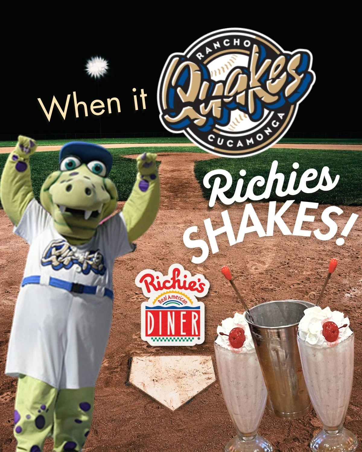 When it Quakes, it Shakes!  Richie&rsquo;s Diner Rancho Cucamonga is proud to support our local minor league baseball team, the Rancho Cucamonga Quakes!  Bring your Quakes home game ticket into the Diner, present it to your server, and enjoy TWO good