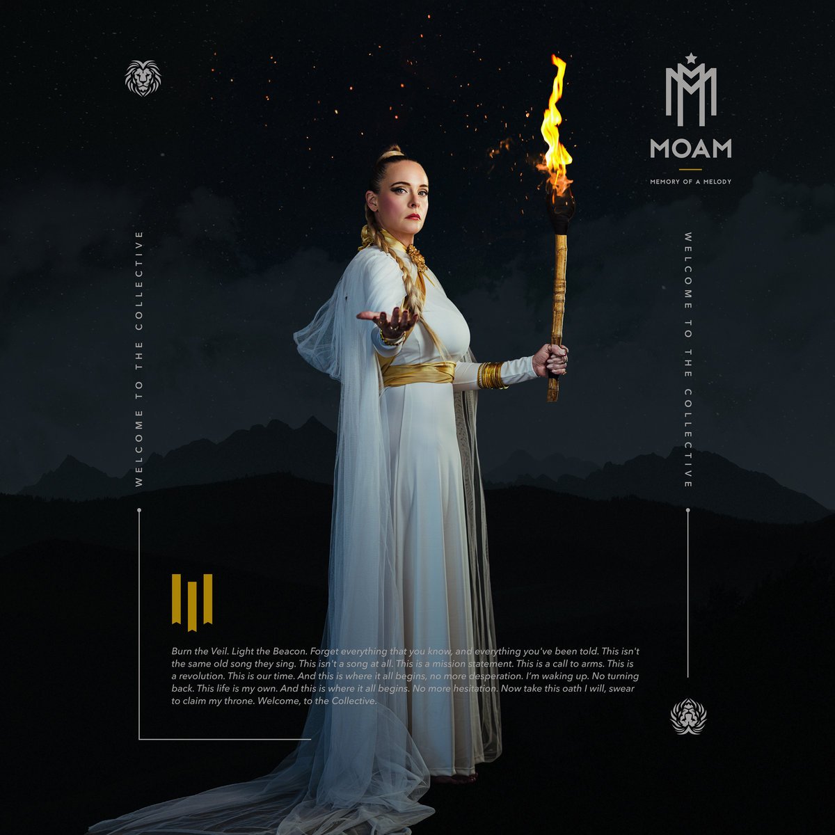 A woman dressed in a white flowing gown with gold accessories holds a lit torch against a starry night sky with mountains in the background, featuring a logo and motivational text.