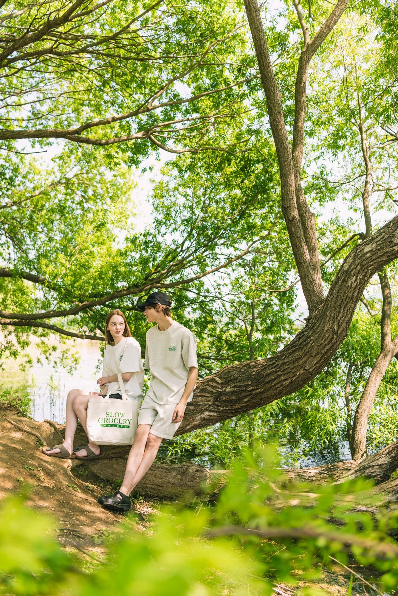 Outdoor lookbook photograph of a couple in casual clothes