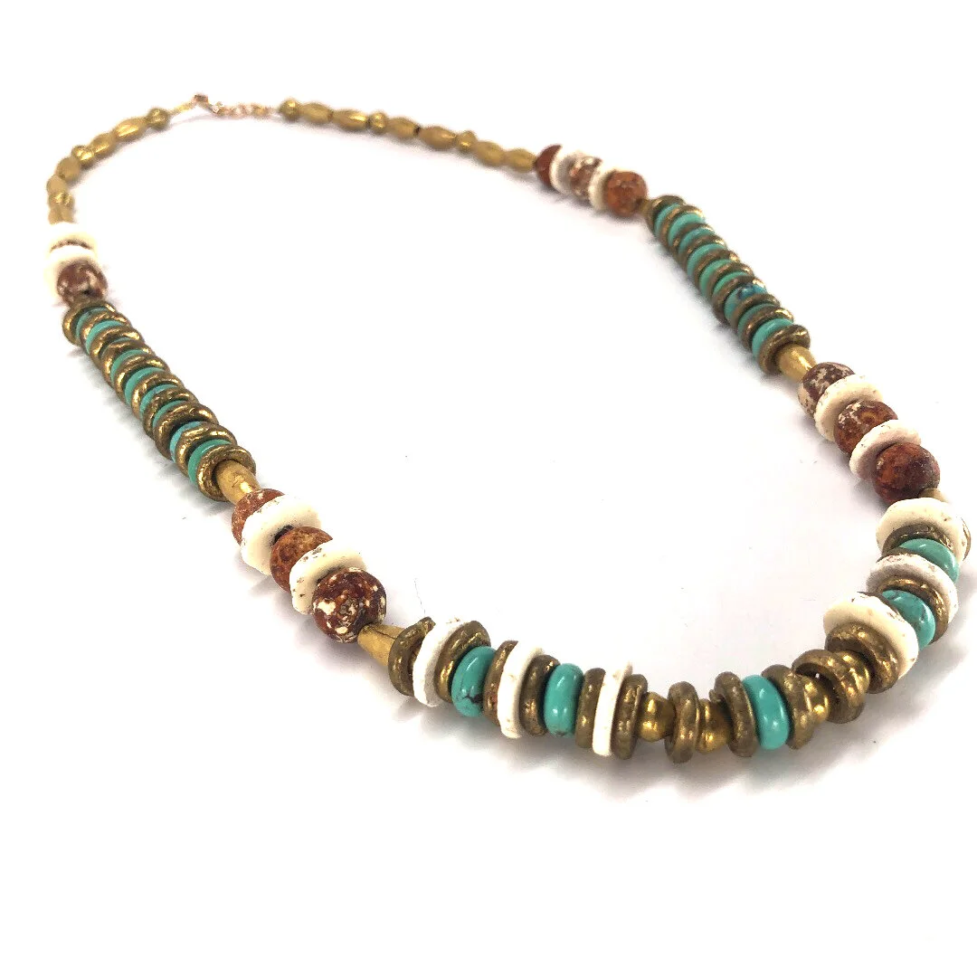Ethiopian Brass , Matte Turquoise , African shell , Jasper Necklace