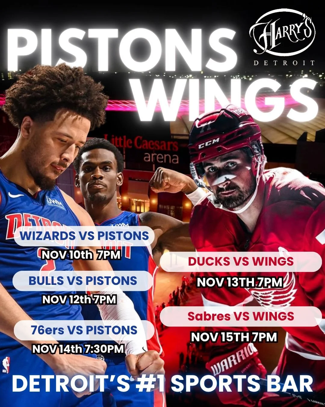 Alright Detroit, here&rsquo;s what&rsquo;s coming to you this week 🏒🏀

The Pistons and Red Wings are lighting up Little Caesars Arena all week long and the city&rsquo;s about to be buzzing! ⚡️

From hoops to hockey, every night&rsquo;s a game night