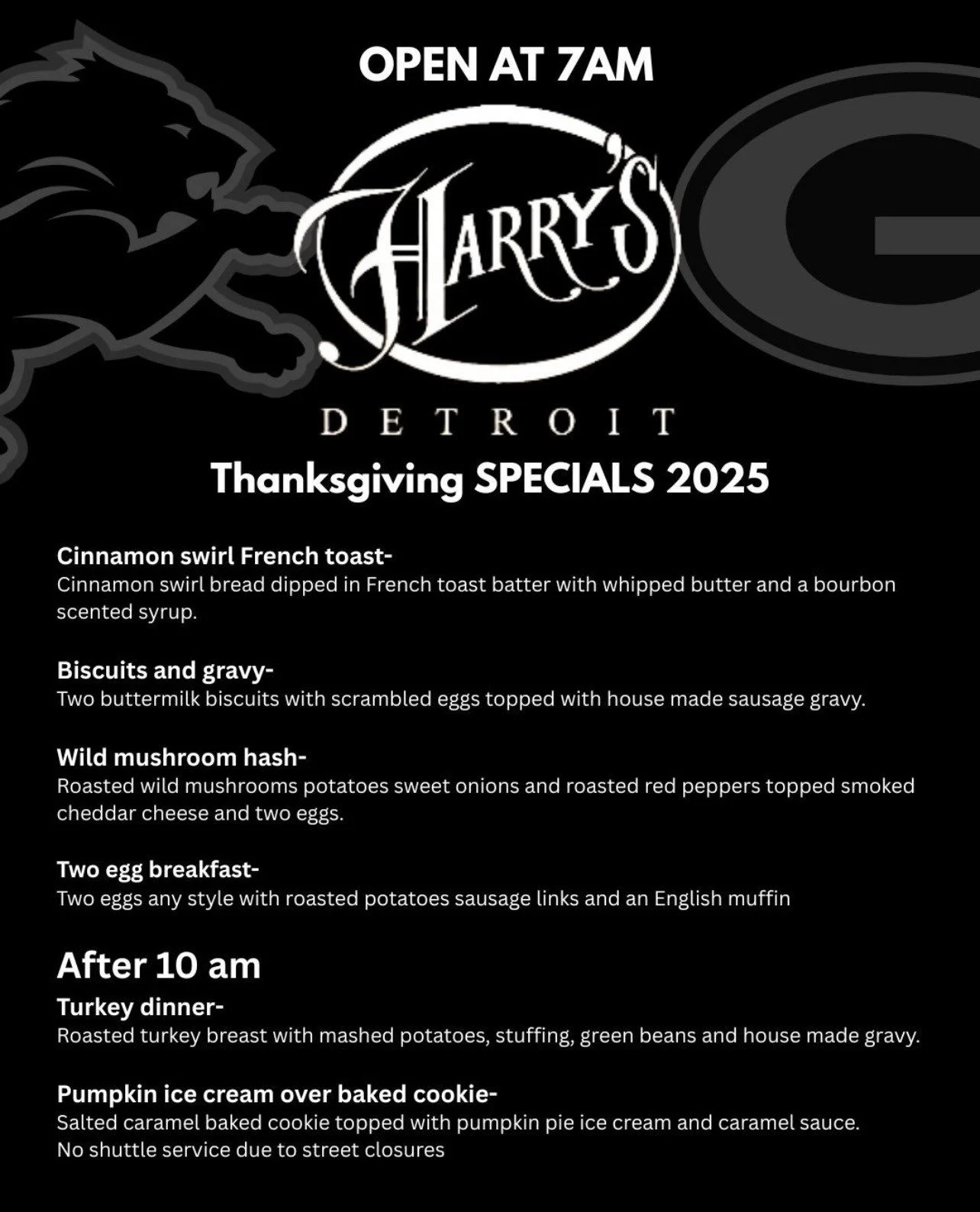 Happy Thanksgiving from Harry&rsquo;s Detroit! 🧡🦃

We&rsquo;re grateful for every guest who walks through our doors 
Today and every day.

If you&rsquo;re looking for the perfect spot to catch the Lions game, stop in and cheer them on with us! 🦁📺