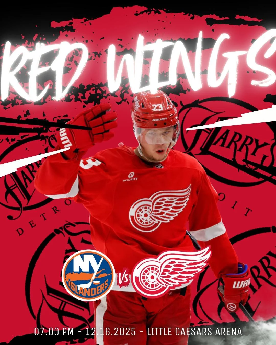 Red Wings gameday is here 🏒🔴

Islanders vs Wings at 7 PM
Drinks ready
Food coming out hot
And all the action on the screens

Make Harry&rsquo;s your home for hockey tonight.

#Harrys #RedWingsGame #WatchTheWings