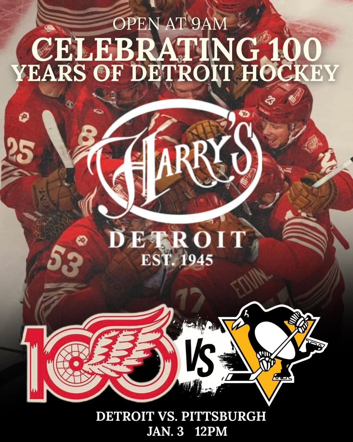 We&rsquo;re open early today 🏒🔥

Stop in before the Red Wings take on the Penguins
Or swing by after the final horn

Either way, Harry&rsquo;s Detroit is the place to celebrate
100 years of Detroit hockey ❤️🐙

Grab a seat, raise a glass, and be pa
