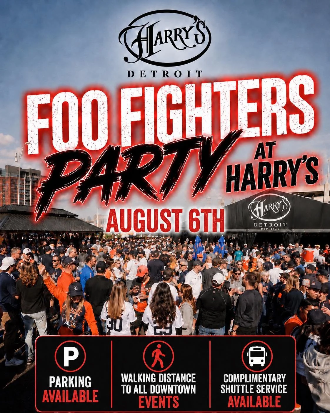 🎸 Headed to the Foo Fighters concert at Ford Field on August 6th? Start the party at Harry&rsquo;s Detroit! Join us before the show for great drinks, delicious food, and the best pre-concert atmosphere in the city.

🅿️ Hassle-free parking
🚶 Walkin
