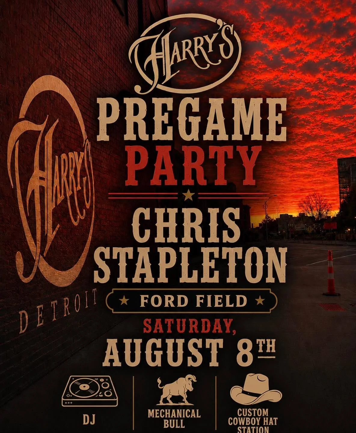 Saddle up for the ultimate Chris Stapleton pregame at Harry&rsquo;s! 🤠

📅 Saturday, August 8
🎧 DJ Jon Hennings
🐂 Mechanical Bull
🧢 Custom Lainey Wilson hats made on demand by Coors
🍹 Pi&ntilde;a Colada &amp; Blue Raspberry Margarita specials

G
