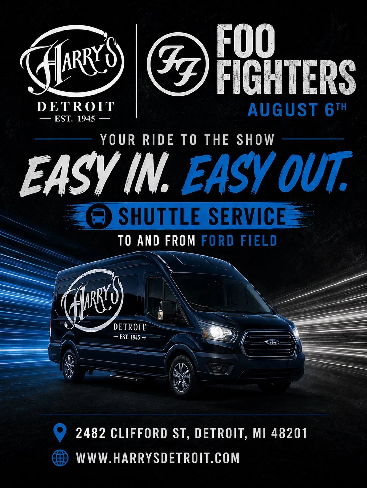 🤘 Calling all Foo Fighters fans!

The party starts at Harry&rsquo;s Detroit! Join us before the show for a fun pre-concert atmosphere, hassle-free parking, and convenient transportation to and from Ford Field.

See you Thursday!