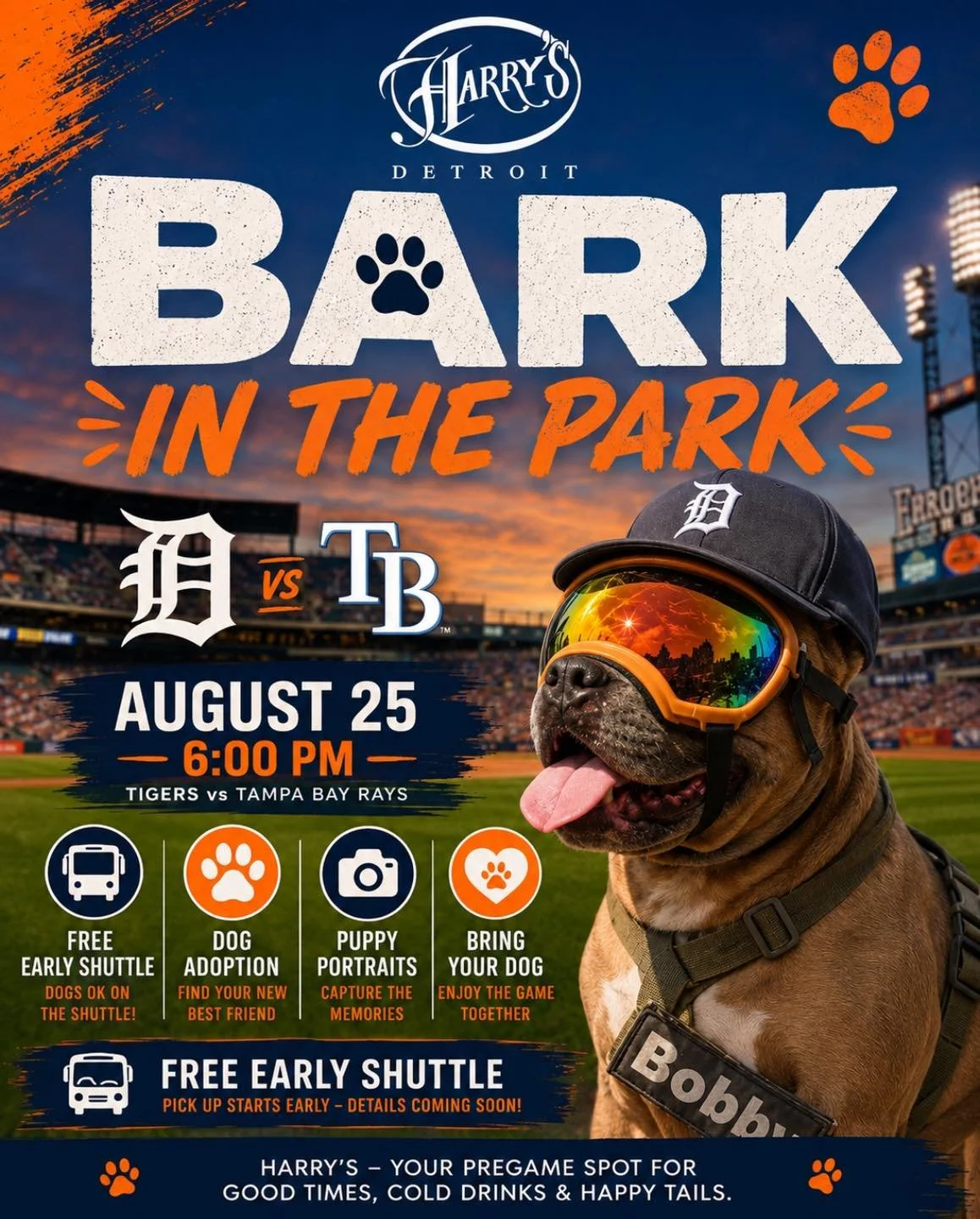 🐾 Bark in the Park is back! Bring your four legged best friend to cheer on the Tigers as they take on the Tampa Bay Rays on August 25 at 6 PM.

Start the night at Harry&rsquo;s with our FREE early shuttle to the game. Dogs are welcome on the shuttle