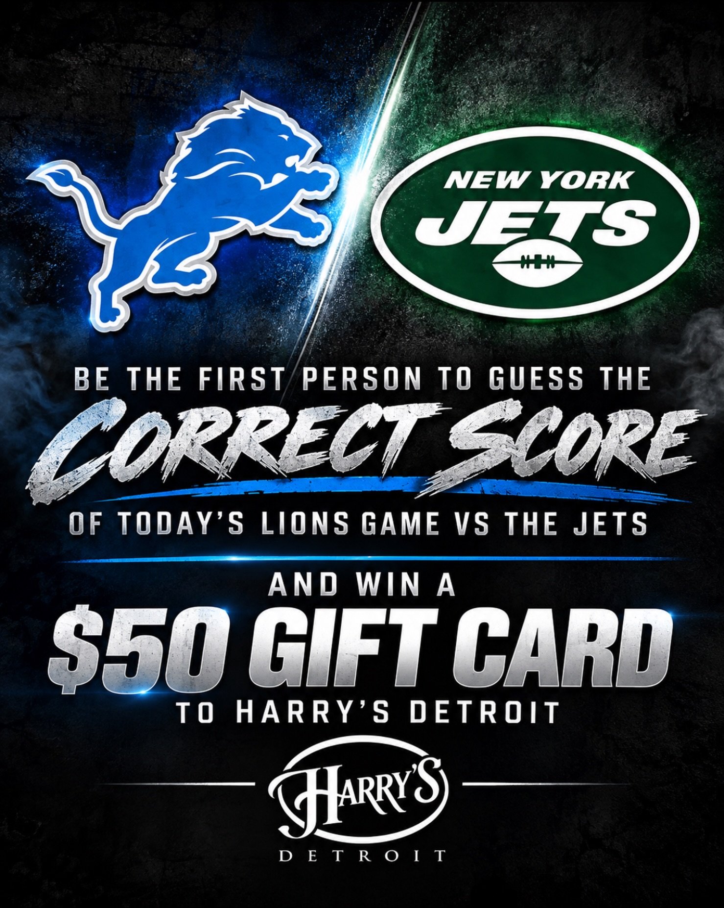 GIVEAWAY TIME!

Get your predictions in before kickoff!

Think you know how Lions vs. Jets ends today? Head over to our Facebook page and drop your final score prediction for a chance to win a $50 Harry&rsquo;s Detroit gift card!

First person to gue