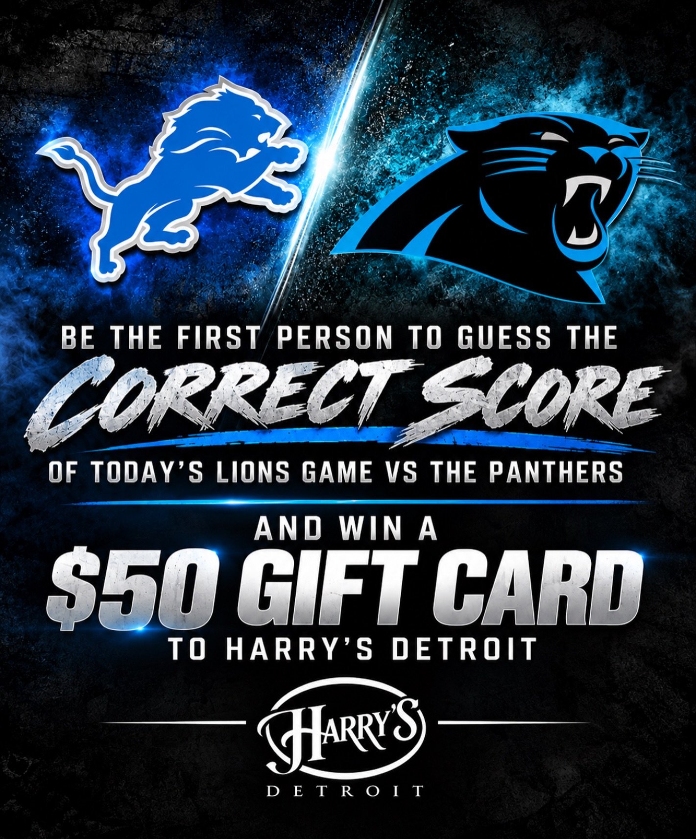 GIVEAWAY TIME!

You have all week to make your predictions!

Think you know how Lions vs. Panthers ends? Head over to our Facebook page and drop your final score prediction for a chance to win a $50 Harry&rsquo;s Detroit gift card!

Get your predicti